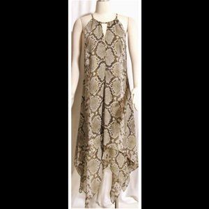 New Womens Ladies Brown & Gray Reptile Pattern Silky Asymmetrical Dress Medium